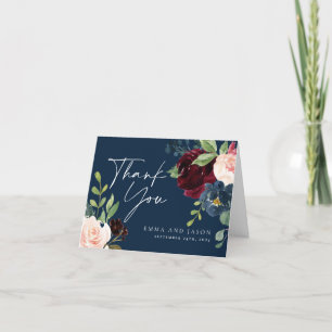 Boho Navy Burgundy Floral Wedding Thank You Card
