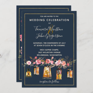 Boho Navy & Coral Floral String Lights Photo Invitation