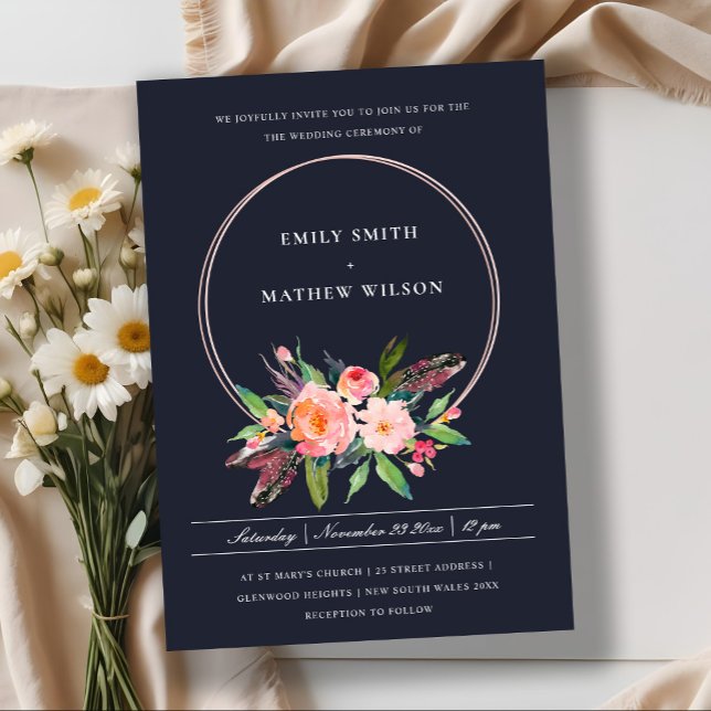 BOHO NAVY FEATHER BLUSH FLORAL WREATH WEDDING INVITATION (Creator Uploaded)
