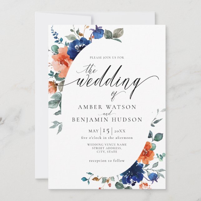 Boho Navy Floral Burnt Orange Elegant Wedding Invitation (Front)