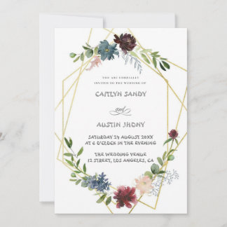 Boho Navy & green simple floral Invitation