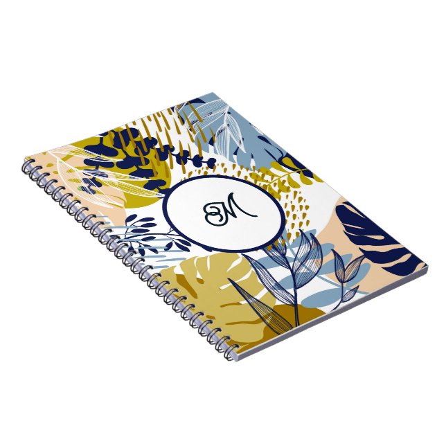 Boho Navy Green Tan  Leaves Notebook (Right Side)