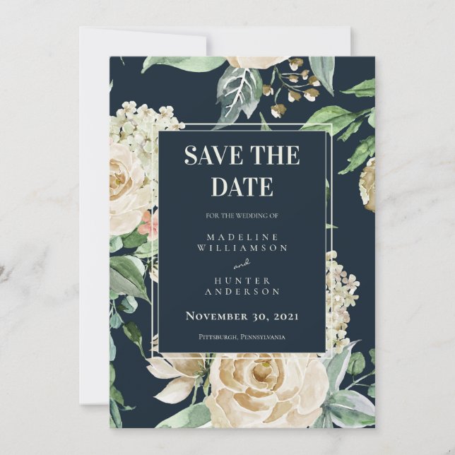Boho Navy & Ivory Roses Elegant Save the Date Invitation (Front)