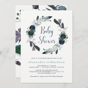 Boho Navy Peony Floral Wreath Baby Shower Invitation