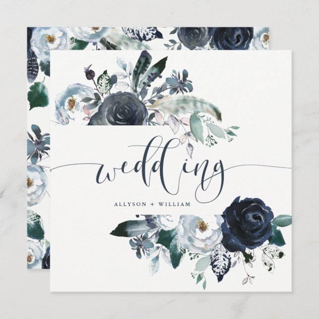 Boho Navy Peony Wedding | Modern Calligraphy Invitation (Front/Back)