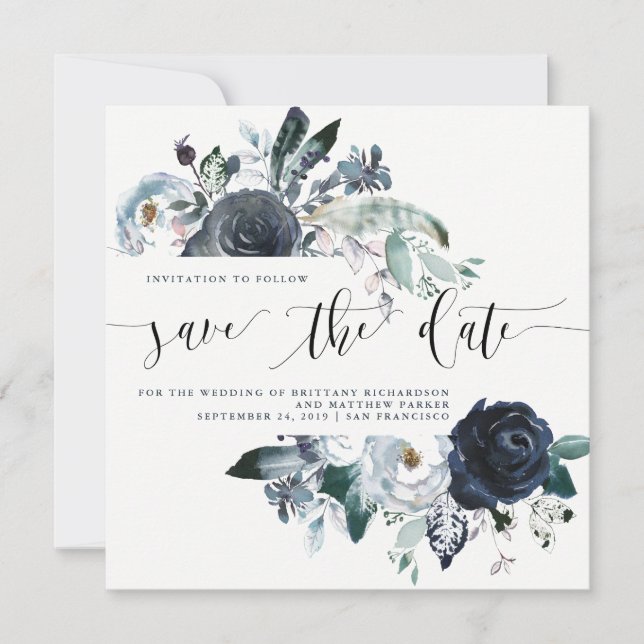 Boho Navy Peony Wedding Save the Date | Photo (Front)