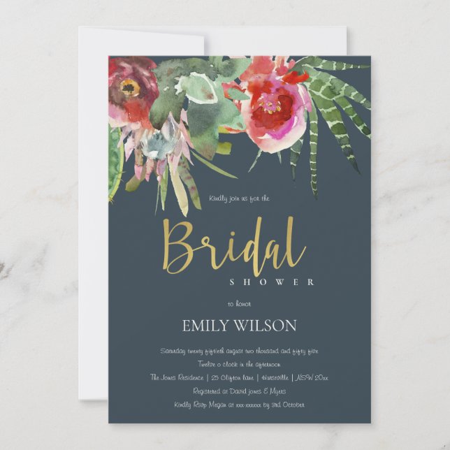 BOHO NAVY PINK FLORAL CACTI FOLIAGE BRIDAL SHOWER INVITATION (Front)