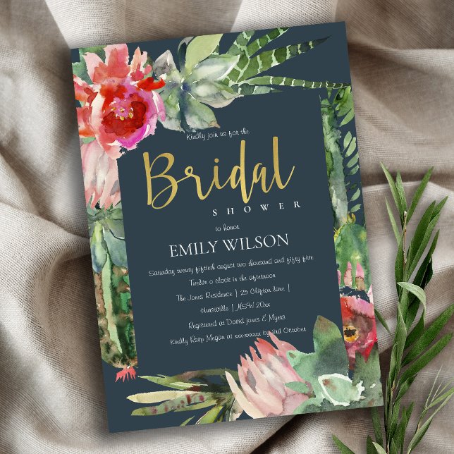 BOHO NAVY PINK FLORAL CACTI FOLIAGE BRIDAL SHOWER INVITATION (Creator Uploaded)