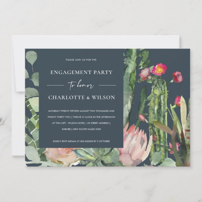 BOHO NAVY PINK FLORAL CACTUS FOLIAGE ENGAGEMENT INVITATION (Front)