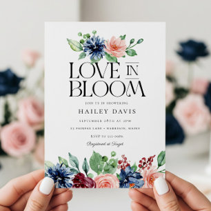 Boho Navy Pink Floral Love in Bloom Bridal Shower Invitation