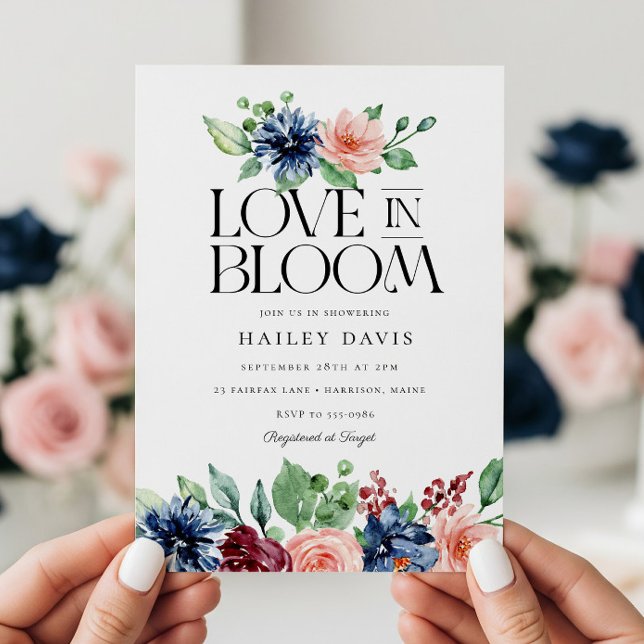 Boho Navy Pink Floral Love in Bloom Bridal Shower Invitation (Creator Uploaded)