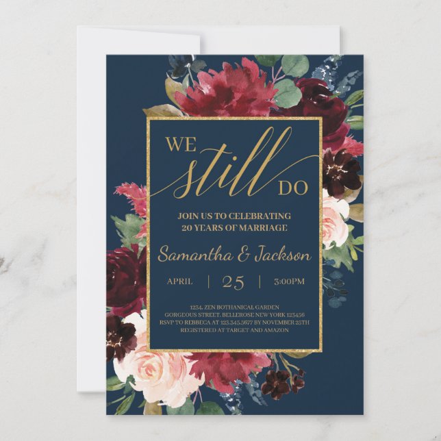 Boho navy vurgundy blush floral gold we still do invitation (Front)