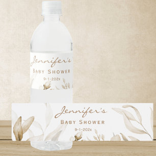 Boho Neutral Baby Shower Sepia Watercolor Florals Water Bottle Label