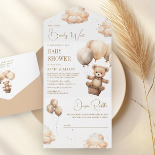 Boho Neutral Brown Teddy Bear Balloons Baby Shower All In One Invitation
