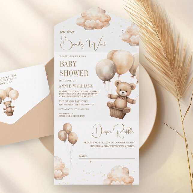 Boho Neutral Brown Teddy Bear Balloons Baby Shower All In One Invitation (Creator Uploaded)