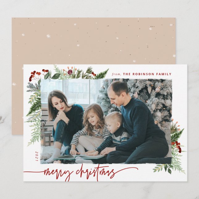 Boho Neutral Burgundy Red Merry Christmas Photo Holiday Card (Front/Back)