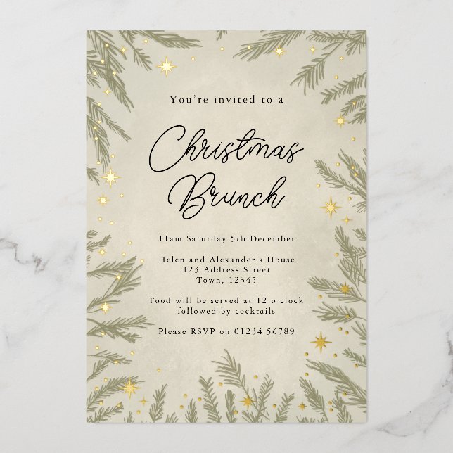 Boho neutral Christmas Brunch Foil Invitation (Front)