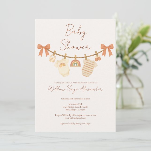 Boho Neutral Clothesline Baby Shower Invitation (Standing Front)