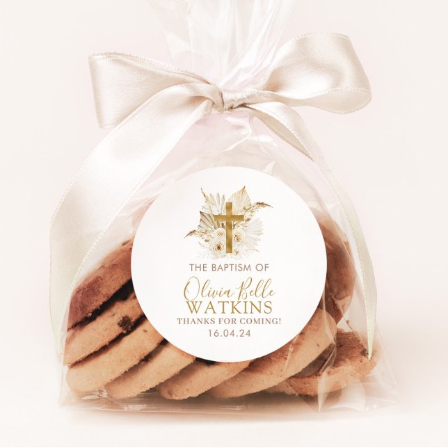 Boho Neutral Dried Palm Floral Baptism Christening Classic Round Sticker (Matching items available)