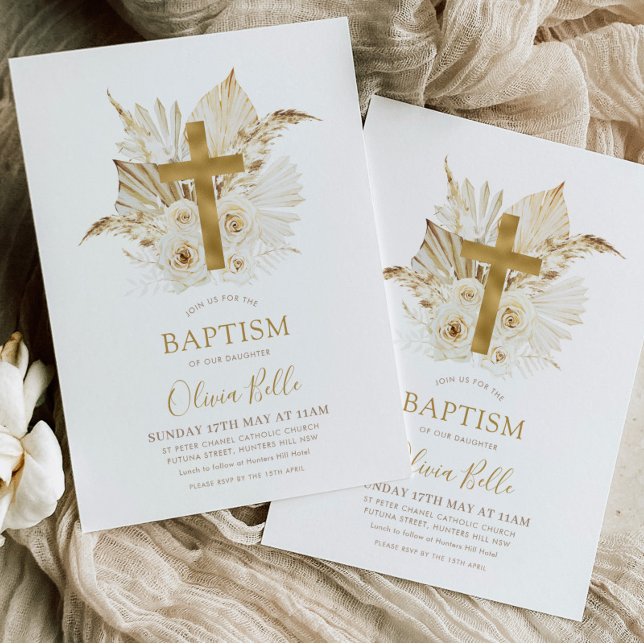 Boho Neutral Dried Palm Floral Baptism Christening Invitation (Creator Uploaded)