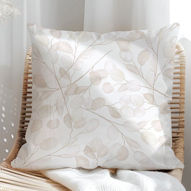 Boho Neutral Dry Lunaria Moon Violet Cushion (Boho Neutral Dry Lunaria Moon Violet Throw Pillow in a sunny rattan armchair)