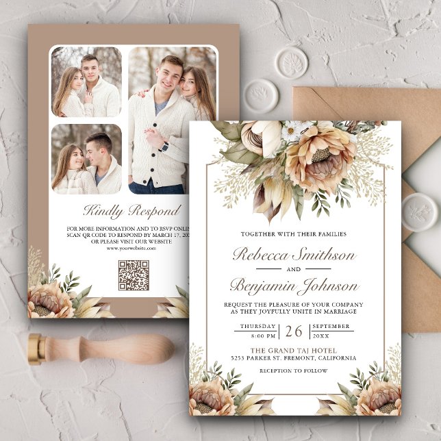 Boho Neutral Earthy Floral Taupe QR Code Wedding Invitation (Creator Uploaded)