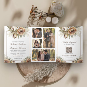 Boho Neutral Earthy Floral Taupe QR Code Wedding Tri-Fold Invitation