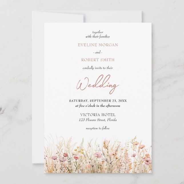 Boho neutral earthy pastel wild flowers meadow invitation (Front)