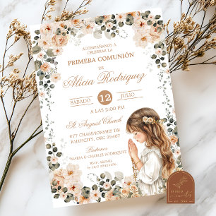 Boho Neutral Floral First Holy Communion Invitatio Invitation