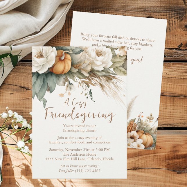 Boho Neutral Floral Pumpkins QR Code Friendsgiving Invitation (Boho neutral floral, greenery, and pumpkins Friendsgiving invitation)
