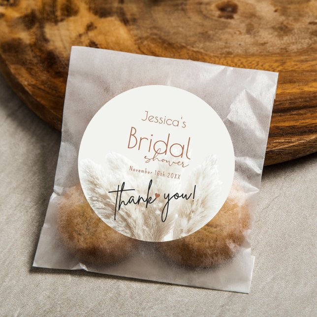 Boho Neutral Fluffy Pampas Grass Bridal Shower Classic Round Sticker (Creator Uploaded)