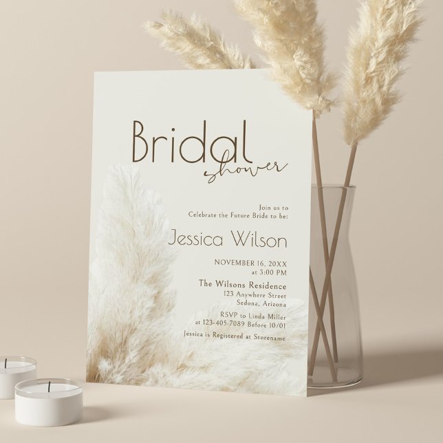 Boho Neutral Fluffy Pampas Grass Bridal Shower Invitation (Creator Uploaded)