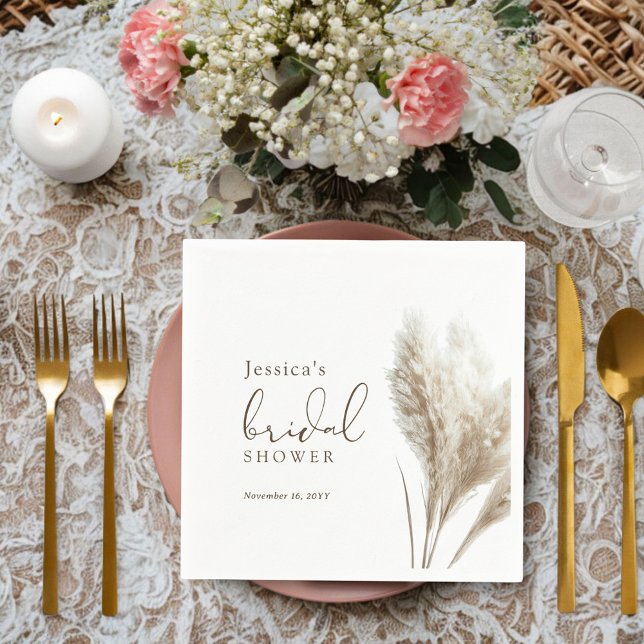 Boho Neutral Fluffy Pampas Grass Bridal Shower Napkin (Creator Uploaded)