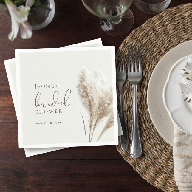 Boho Neutral Fluffy Pampas Grass Bridal Shower Napkin (Creator Uploaded)