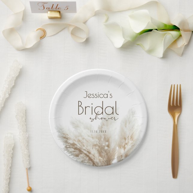 Boho Neutral Fluffy Pampas Grass Bridal Shower Paper Plate (Wedding)