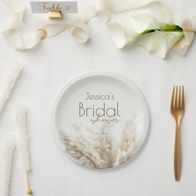 Boho Neutral Fluffy Pampas Grass Bridal Shower Paper Plate (Wedding)