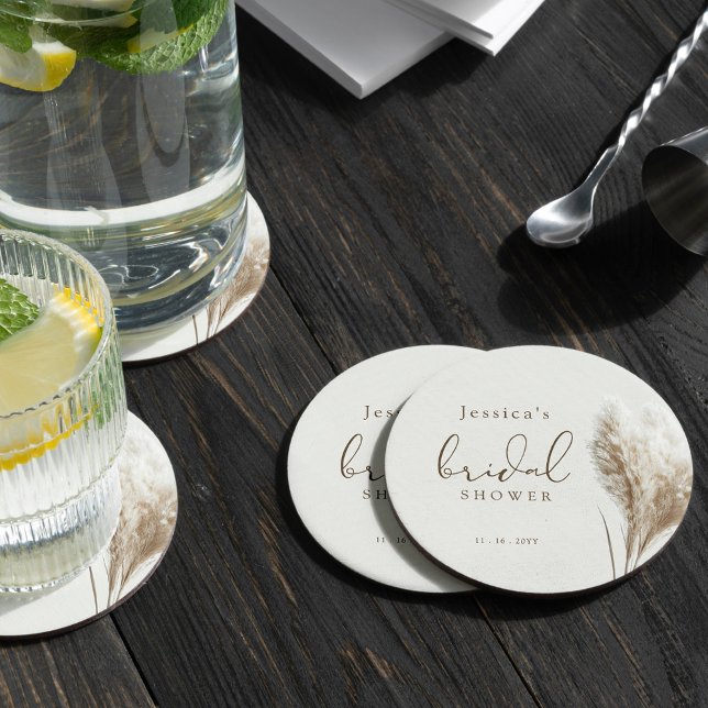 Boho Neutral Fluffy Pampas Grass Bridal Shower Round Paper Coaster (Creator Uploaded)