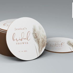 Boho Neutral Fluffy Pampas Grass Bridal Shower Round Paper Coaster
