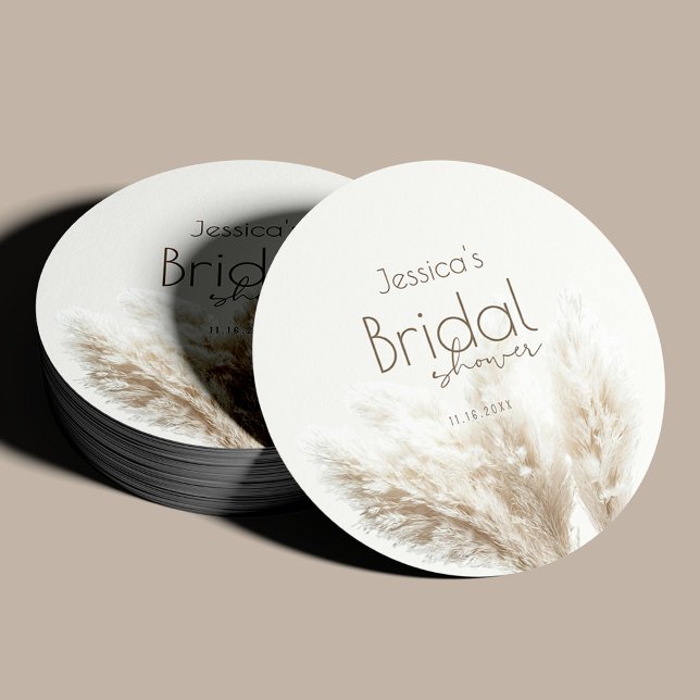 Boho Neutral Fluffy Pampas Grass Bridal Shower Round Paper Coaster (Creator Uploaded)