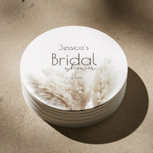 Boho Neutral Fluffy Pampas Grass Bridal Shower Round Paper Coaster