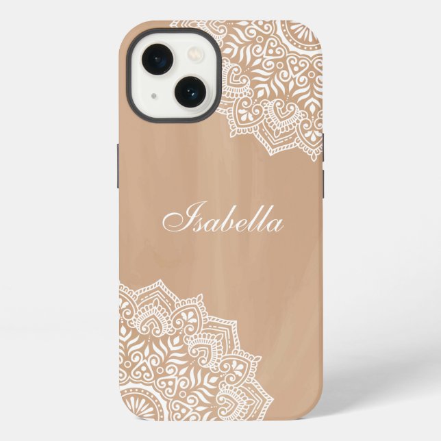 Boho Neutral Mandala Custom Name iPhone Case (Back)