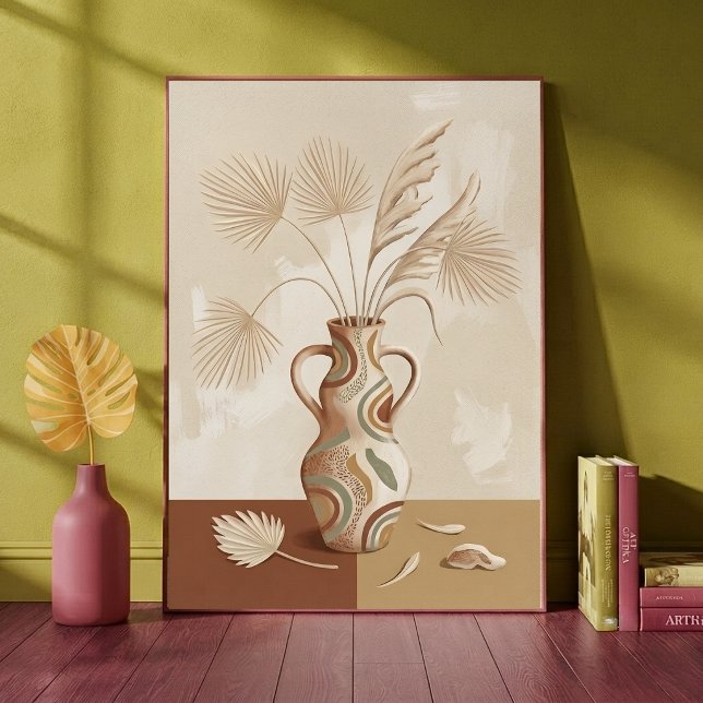Boho Neutral Palm Leaves Patterned Vase Art Print (Creator Uploaded)