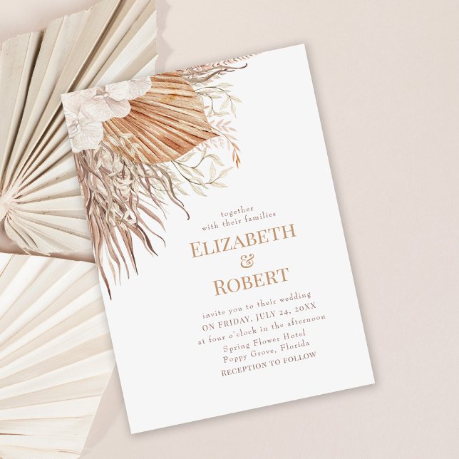 Boho Neutral Pampas Garden Wedding Invitation (Neutral Pampas Grass Wedding Invitation on dusty rose background)