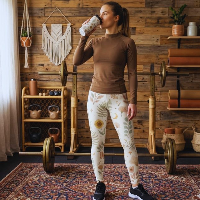 Boho Neutral Rainbow Leggings Earthy Botanical Pat (Boho Floral Sports Leggings | Botanical High Waisted Yoga Fitness Pants)