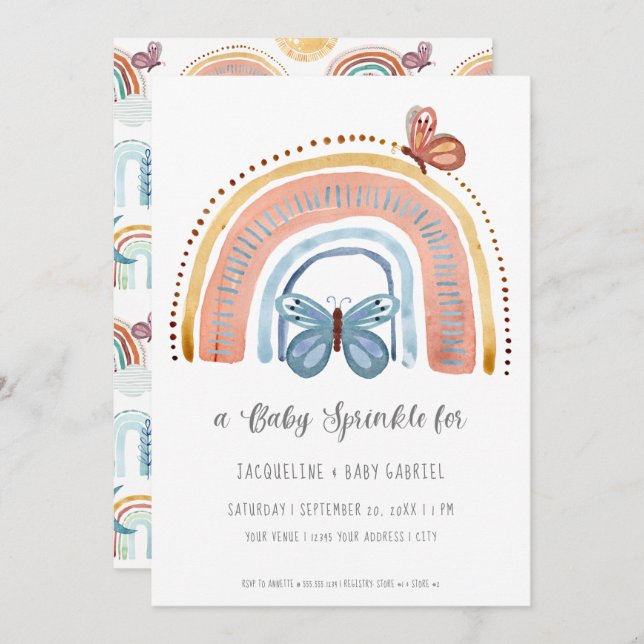 Boho Neutral Rainbow Peach Dusty Blue Butterfly Invitation (Front/Back)