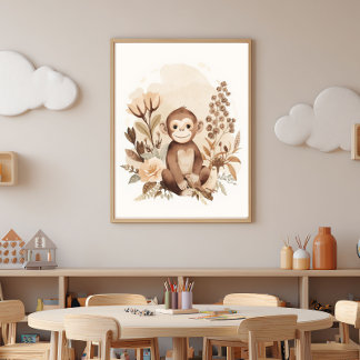 Boho Neutral  Safari Monkey Kids Nursery Art  Poster