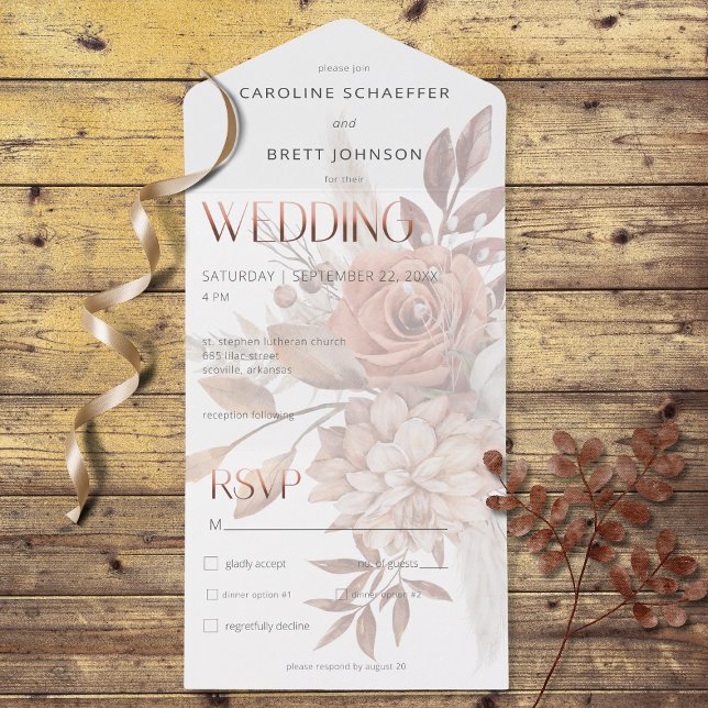 Boho Neutral Soft Focus Autumn Bouquet Dinner All In One Invitation (Also available with a QR code or without dinner selection options.)