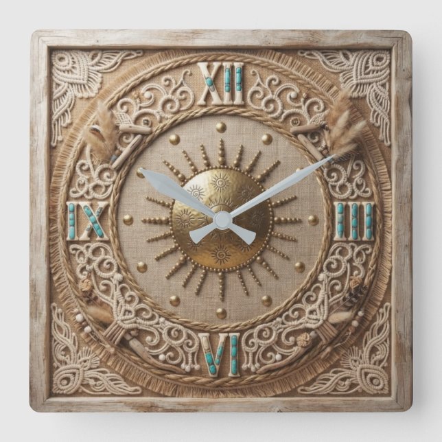 Boho Neutral Sunburst & Macrame Jute Tapestry Square Wall Clock (Front)