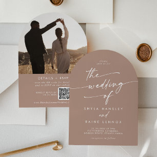 Boho Neutral Taupe Photo QR Code Arch Wedding Invitation