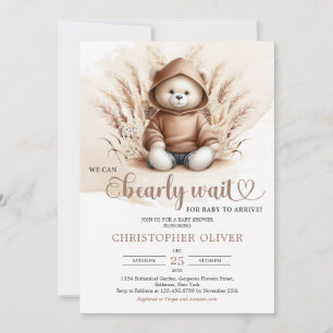 Boho Neutral teddy bear sweatshirt pampas grass Invitation